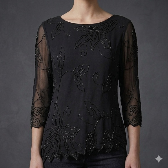Vintage Y2K Beaded Sheer Mesh Top Sz L Asymmetrical Fairy Hem Whimsigoth Black